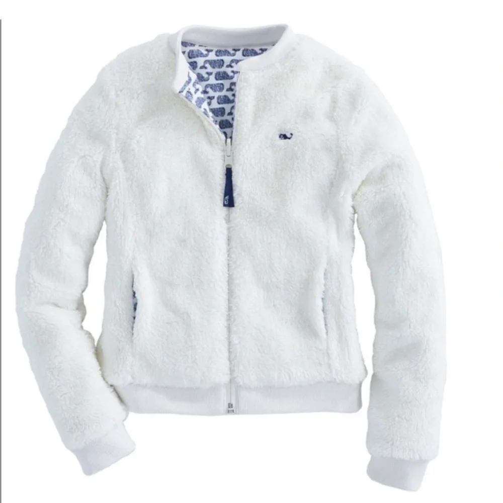Vineyard Vines Girls Reversible Whale Print Sherpa Bomber Jacket Size M 10-12
